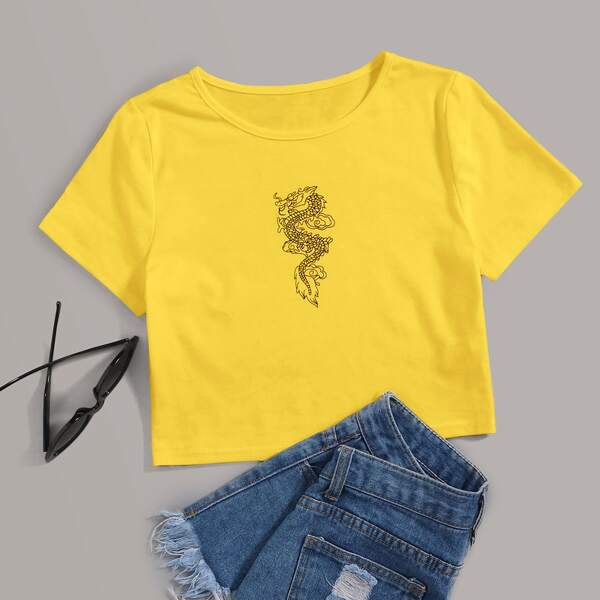 

Dragon Print Crop Tee, Yellow