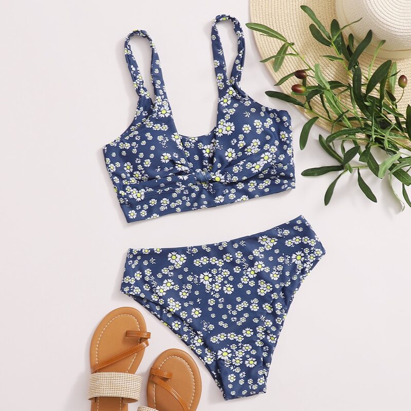

Ditsy Floral High Waisted Bikini Swimsuit, Navy blue