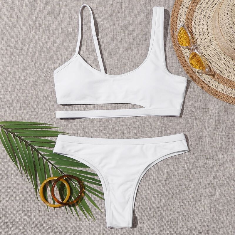 

Cutout Tanga Bikini Swimsuit, White