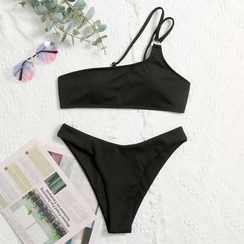 

Rib One Shoulder High Cut Bikini Swimsuit, Black