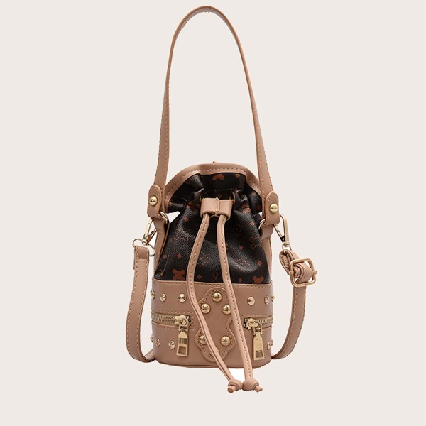 

Studded Decor Drawstring Decor Tote Bag, Khaki