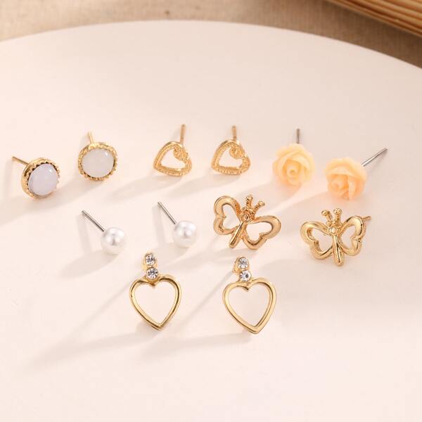 

6pairs Floral Decor Stud Earrings, Gold