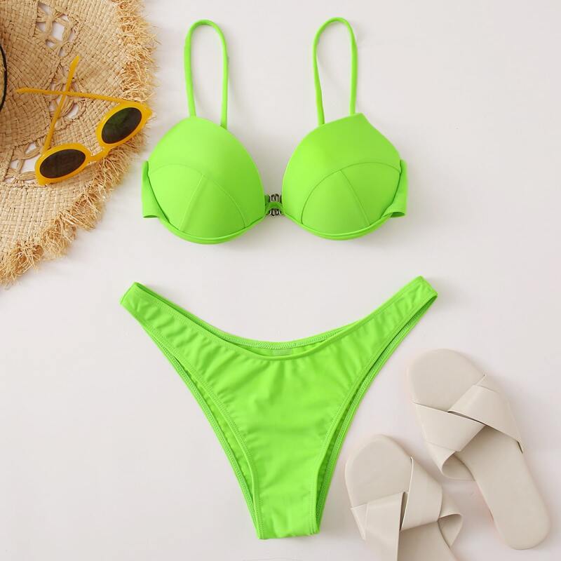 

Neon Green High Leg Bikini Swimsuit, Lime green