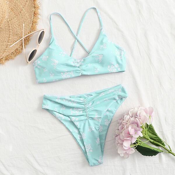 

Floral Ruched Criss Cross Bikini Swimsuit, Mint blue