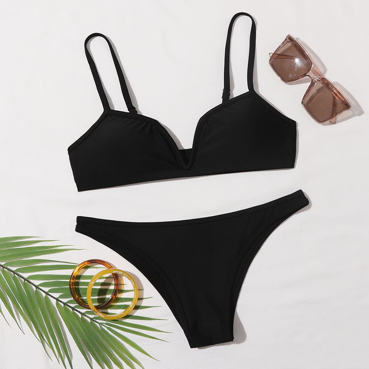 

Solid V Wired Bikini Swimsuit, Black