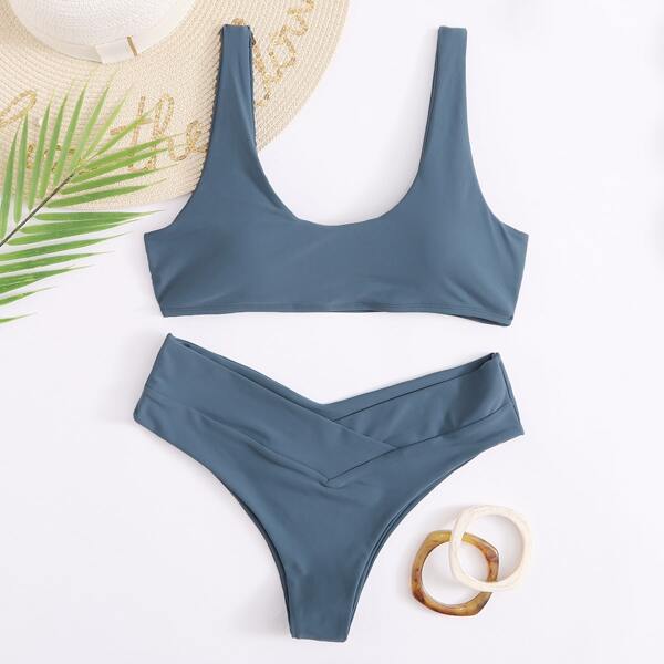 

Plain Scoop Neck Bikini Swimsuit, Dusty blue