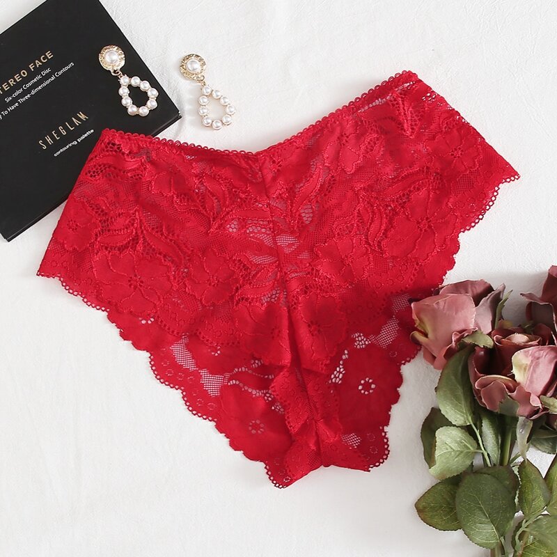 

Lace-up Back Floral Lace Panty, Red