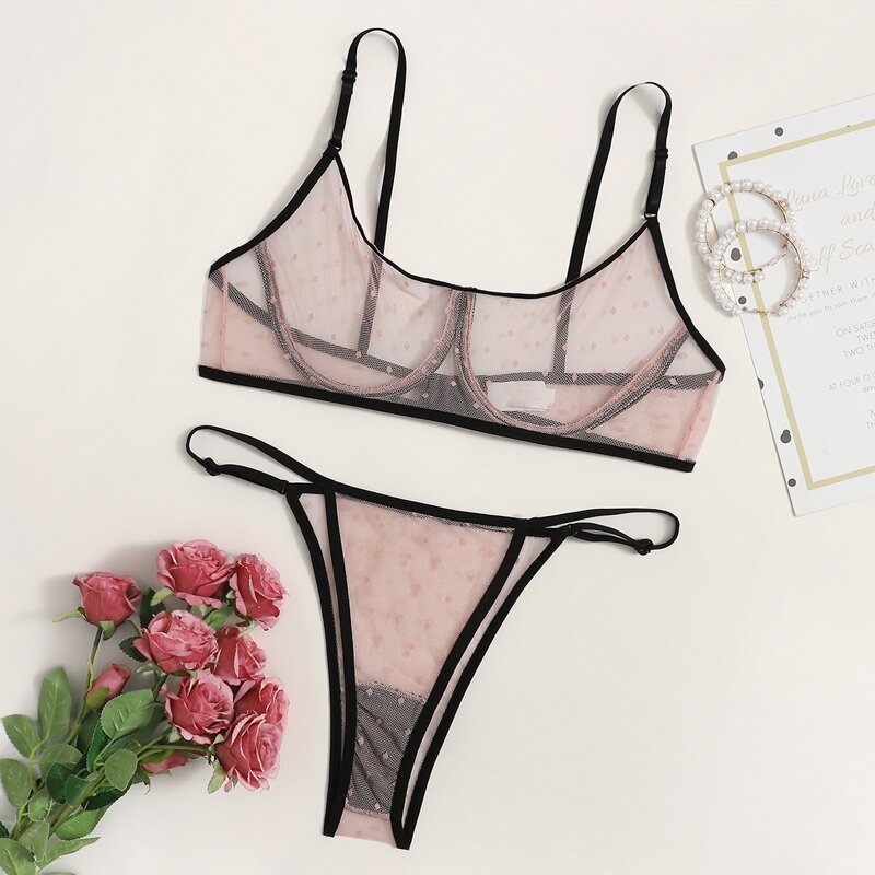 

Contrast Binding Underwire Mesh Lingerie Set, Dusty pink