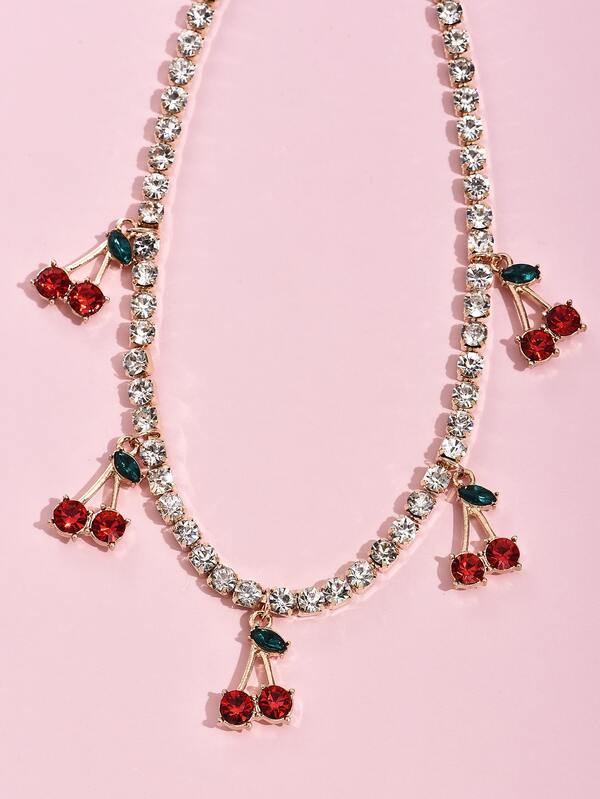 Cherry Charm Rhinestone Decor Necklace SHEIN USA