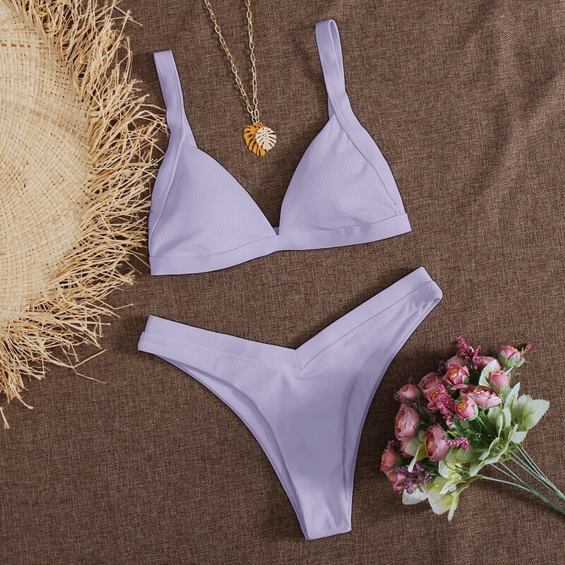 

Rib Triangle High Leg Bikini Swimsuit, Pastel lilac purple