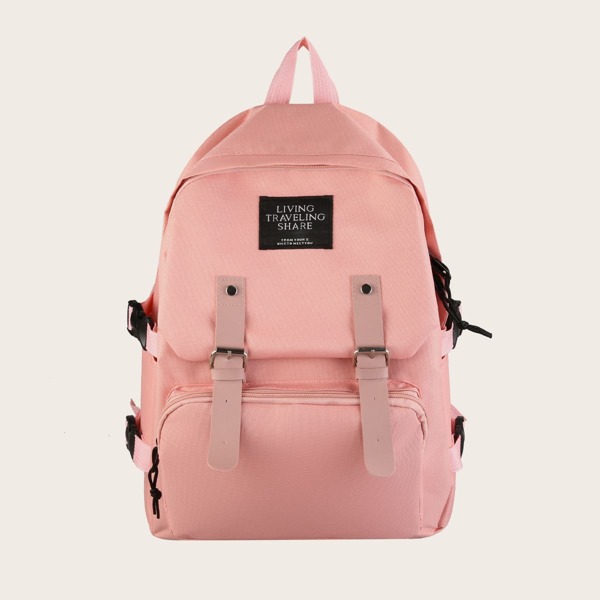

Eyelet Buckle Decor Letter Patch Backpack, Pink
