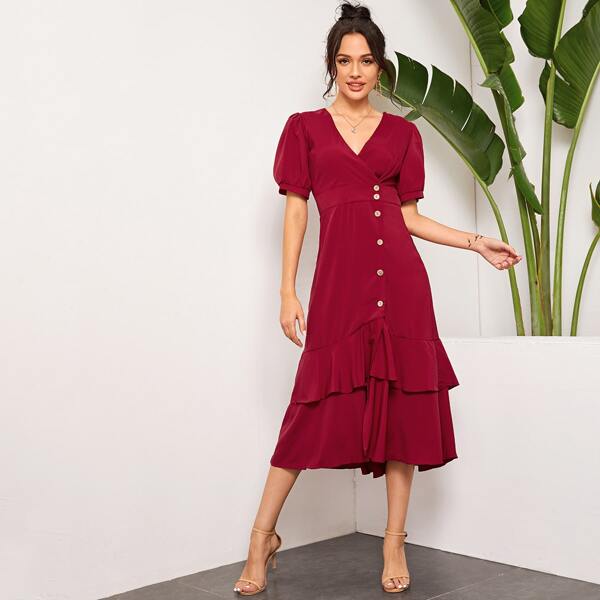 

Button Front Layered Ruffle Hem Dress, Burgundy