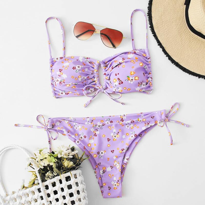 

Ditsy Floral Drawstring Bikini Swimsuit, Lilac purple