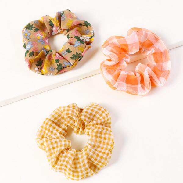 

3pcs Gingham Pattern Scrunchie, Multicolor