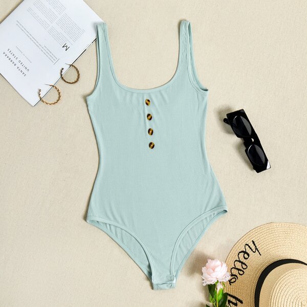 

Button Detail Rib-knit Tank Bodysuit, Mint green