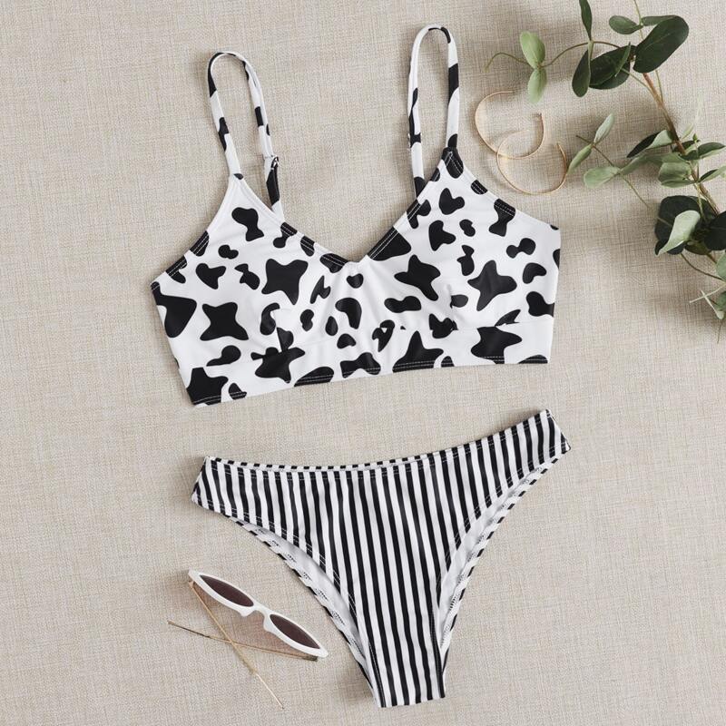 

Cow & Stripe Bikini Swimsuit, Black and white
