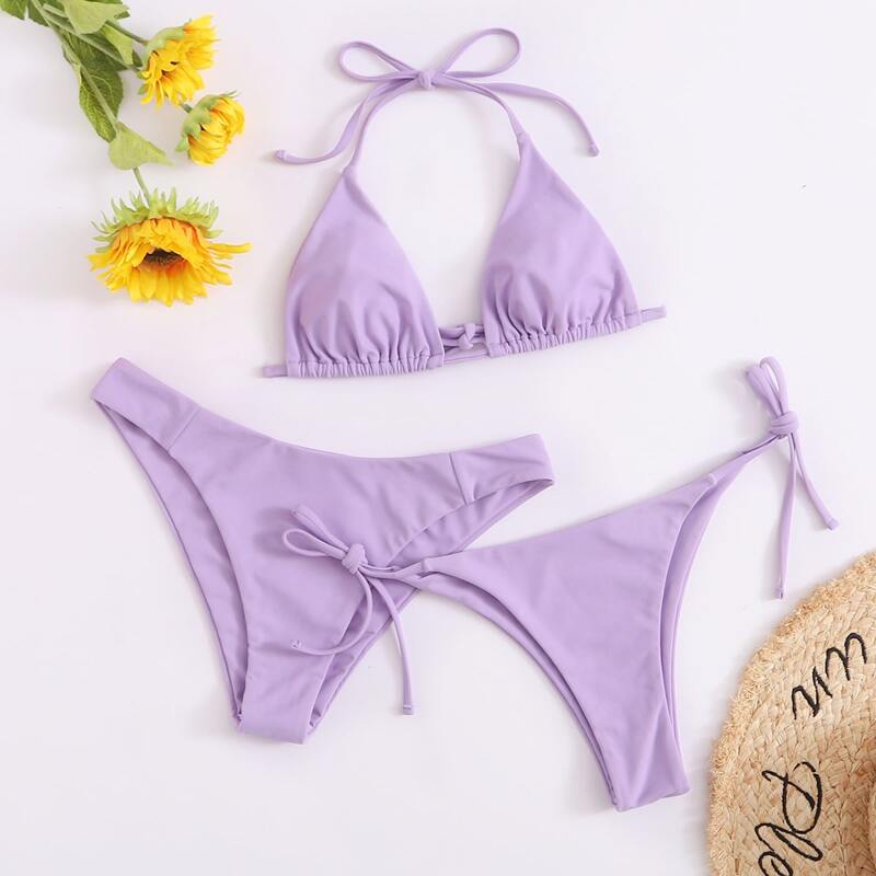 

3pack Triangle Tie Side Co-ord Bikini Swimsuit, Lilac purple