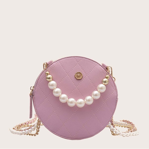 

Faux Pearl Decor Quilted Satchel Bag, Purple