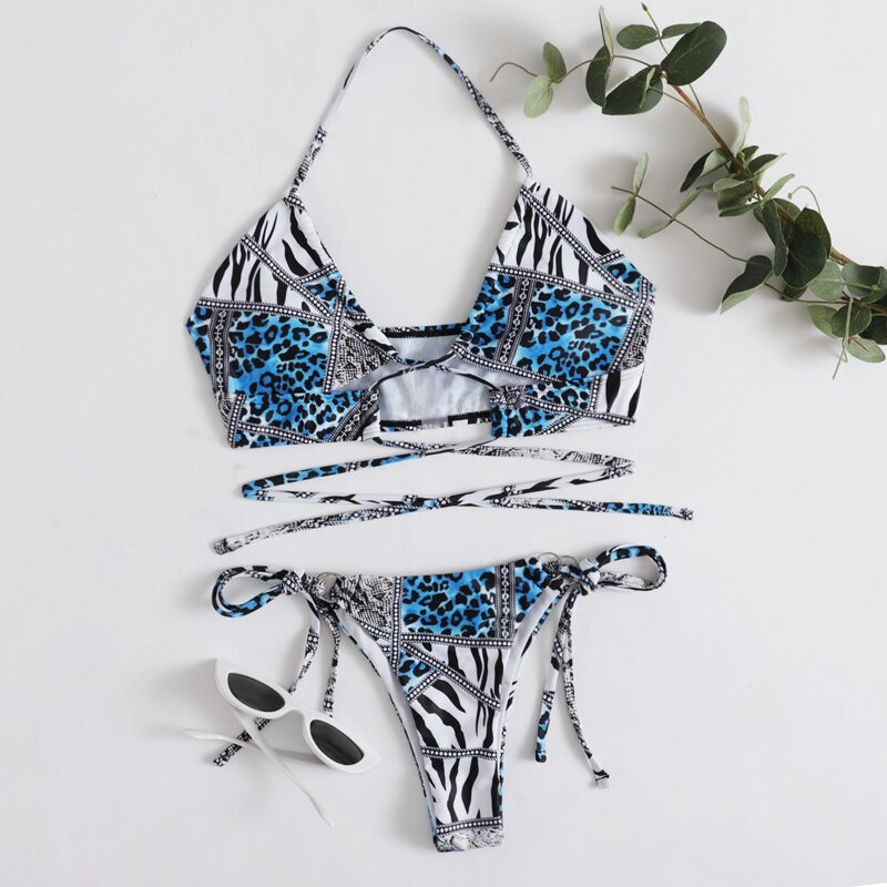 

Snakeskin & Leopard Tie Side Bikini Swimsuit, Multicolor