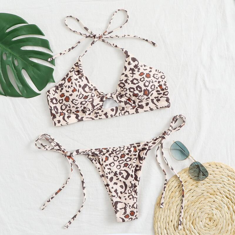 

Leopard Tie Side Bikini Swimsuit, Multicolor