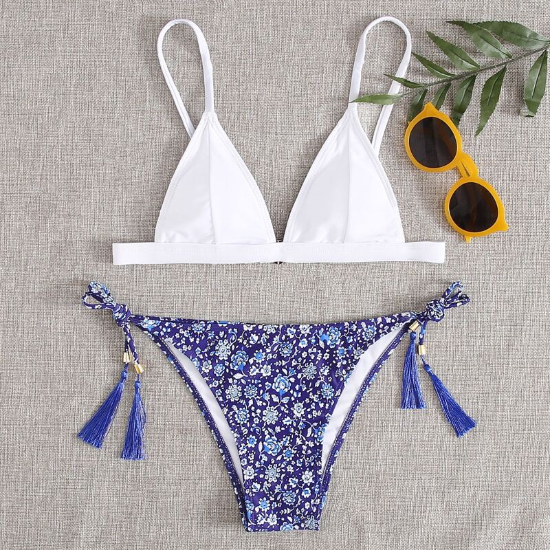 

Triangle Tassel Tie Bikini Swimsuit, Multicolor