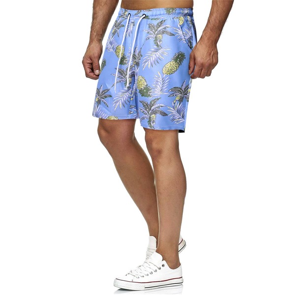 

Men Pineapple & Plants Print Drawstring Shorts, Blue