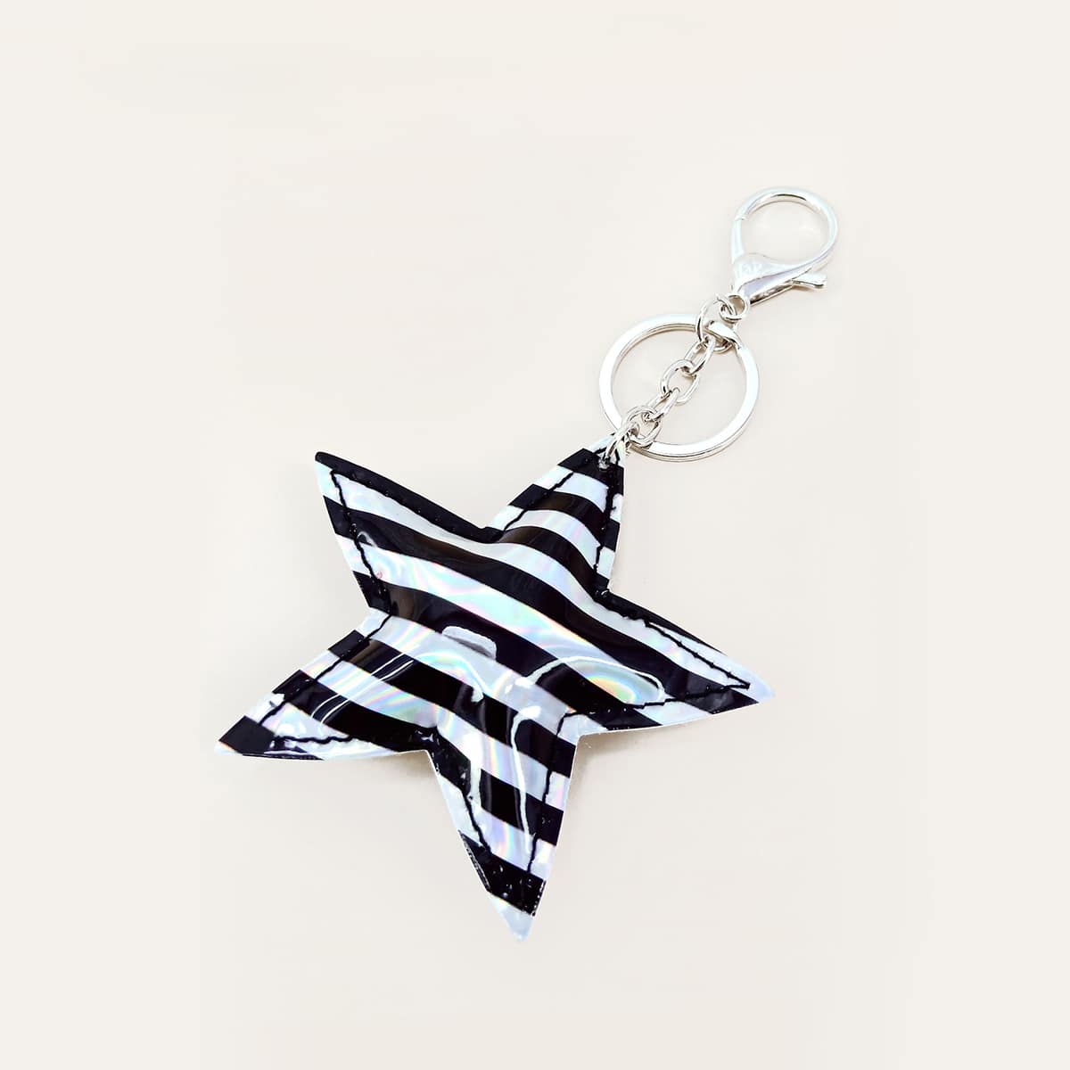 

Striped Pattern Star Charm Keychain, Black