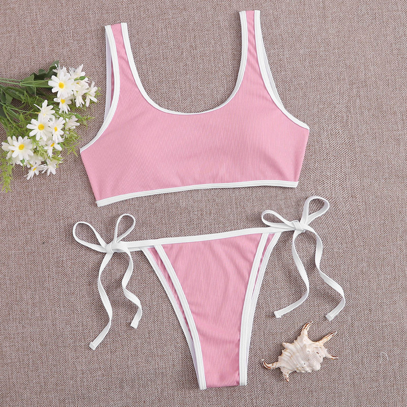

Contrast Binding Ribbed Bikini Swimsuit, Baby pink