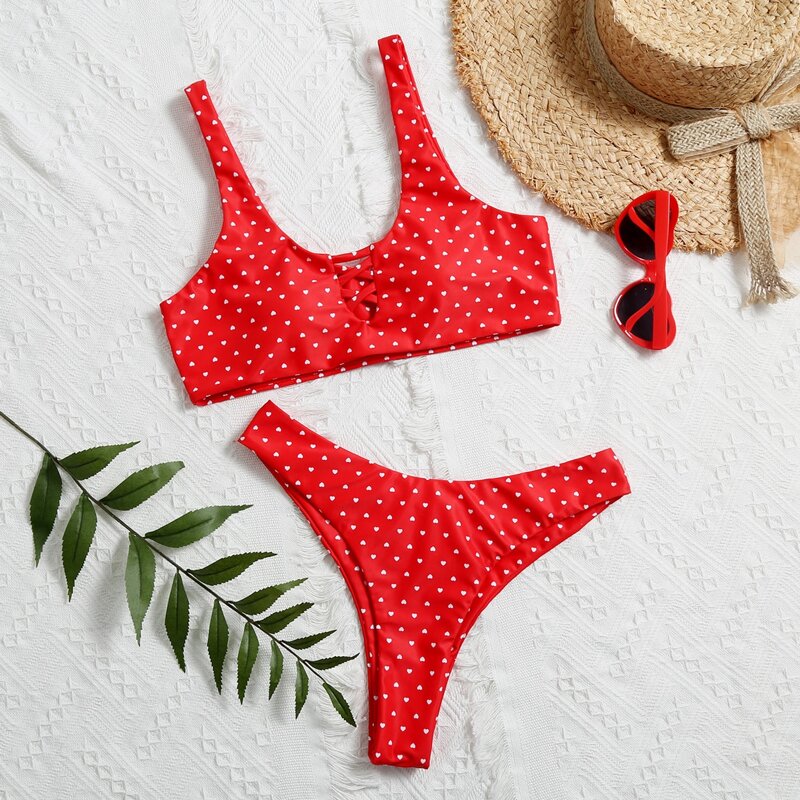 

Heart Print High Leg Bikini Swimsuit, Red