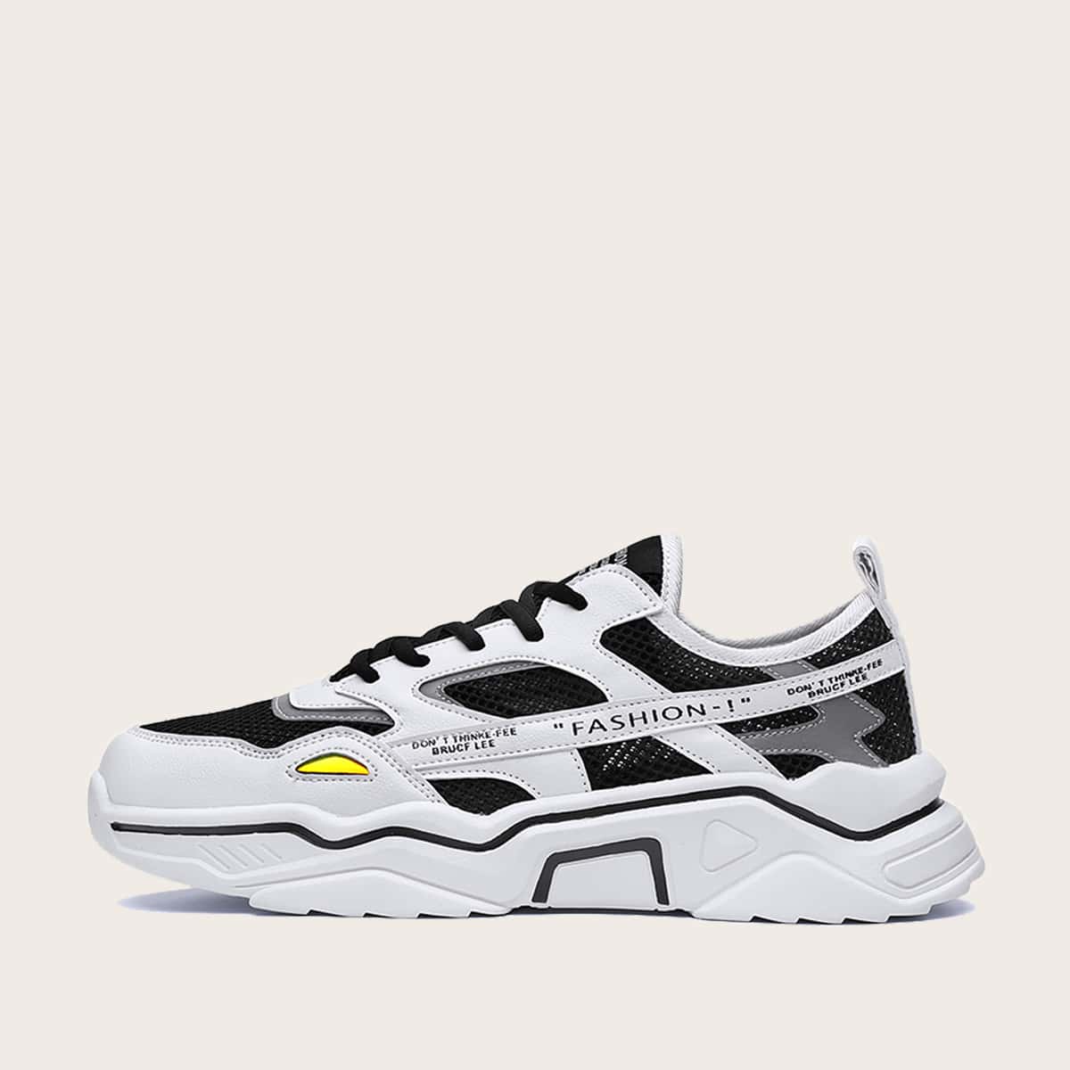 

Guys Letter Graphic Mesh Panel Chunky Sneakers, Black and white