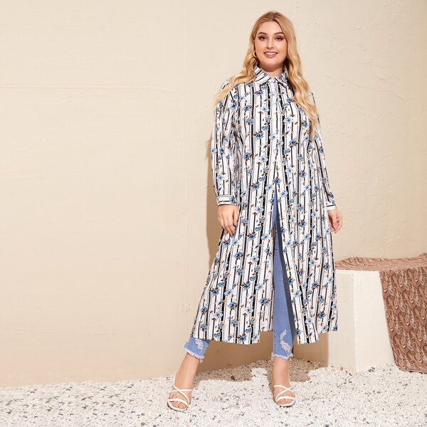 

Plus Floral And Striped Button Front Longline Blouse, Multicolor