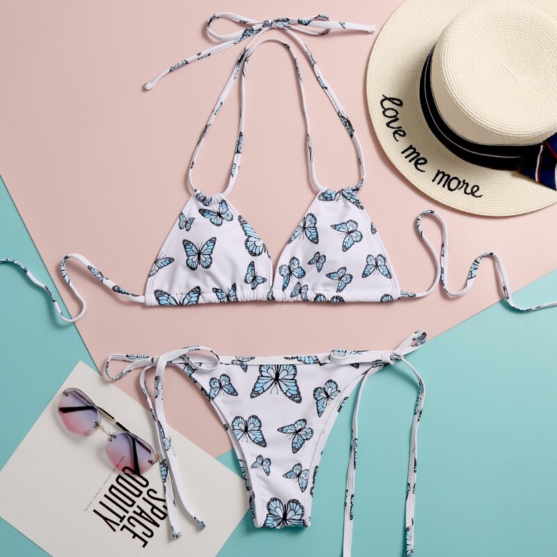 

Butterfly Print Halter Tie Side Bikini Swimsuit, White