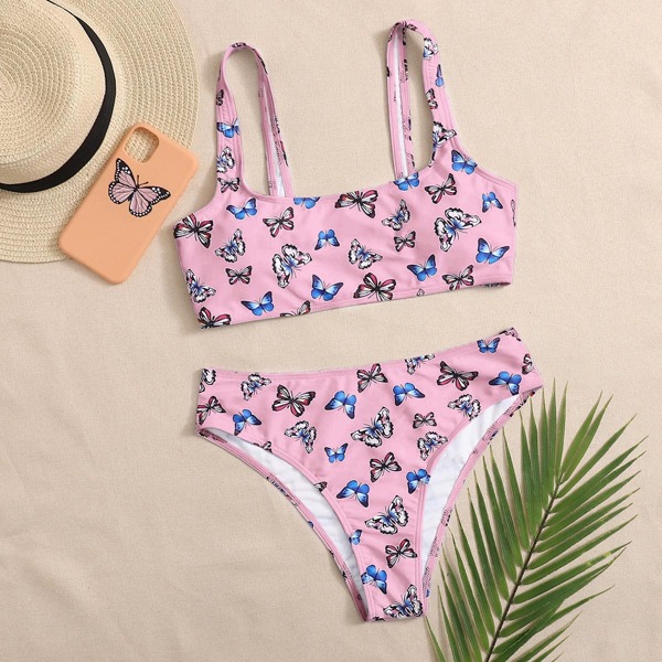 

Butterfly Print Bikini Swimsuit, Pastel baby pink
