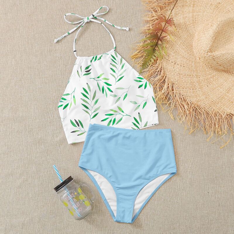 

Leaf Print Halter High Waisted Bikini Swimsuit, Multicolor