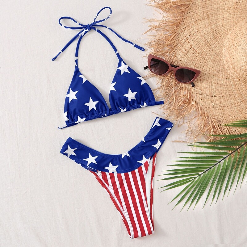 

American Flag Print Triangle Bikini Swimsuit, Multicolor