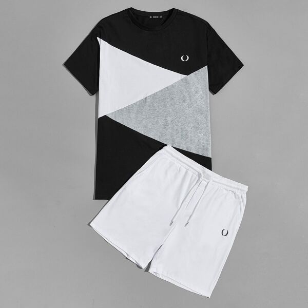 

Men Graphic Print Colorblock Top & Shorts Set, Multicolor
