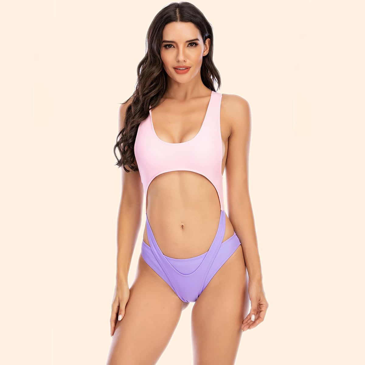 

Two Tone Cut-out One Piece Swimsuit & Panty, Multicolor
