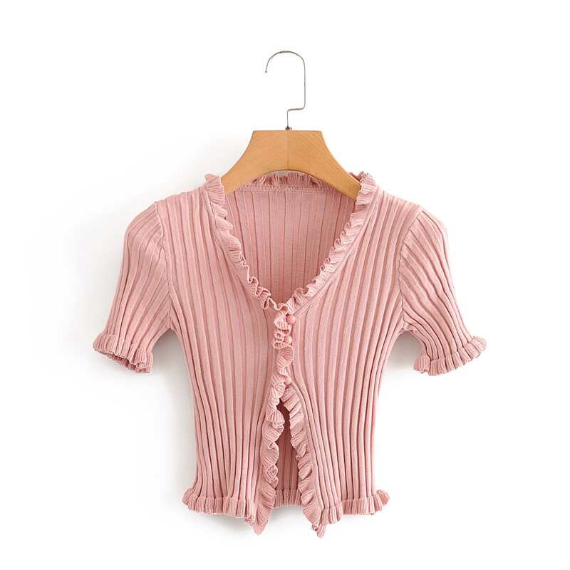 

Frill Trim Ribbed Knit Cardigan, Pink