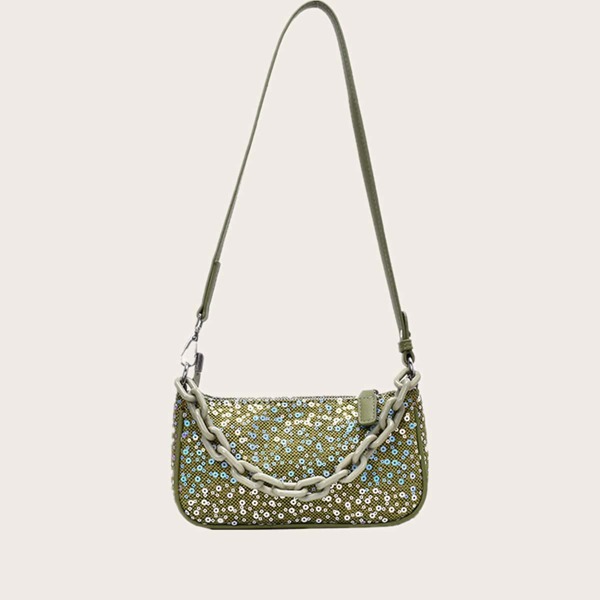 

Sequin Decor Baguette Bag, Green