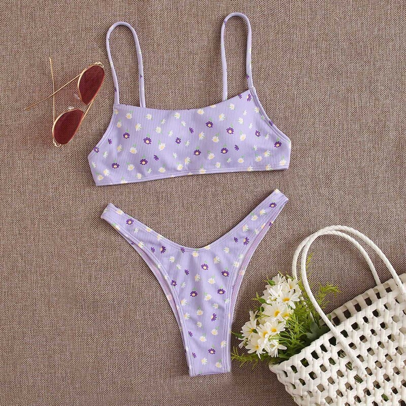 

Floral High Leg Bikini Swimsuit, Lilac purple
