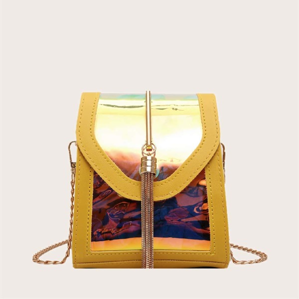 

Tassel Decor Holographic Flap Crossbody Bag, Yellow