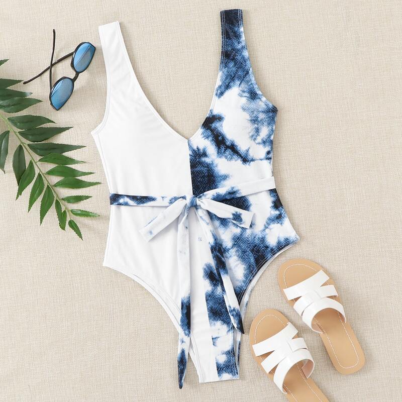 

Tie Dye Knot Front One Piece Swimsuit, Blue and white