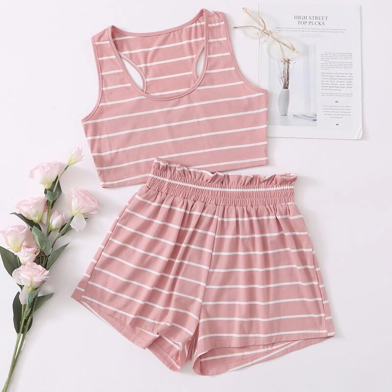 

Stripe Print Racer Back Tank Top With Shorts, Dusty pink