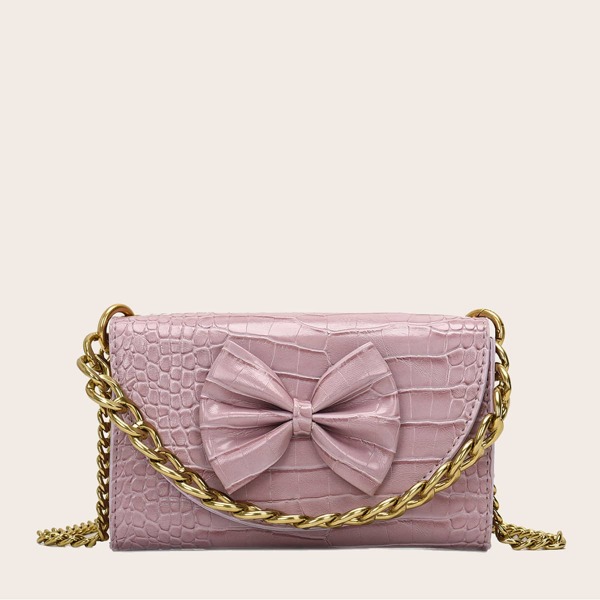 

Bow Decor Croc Embossed Shoulder Bag, Pink