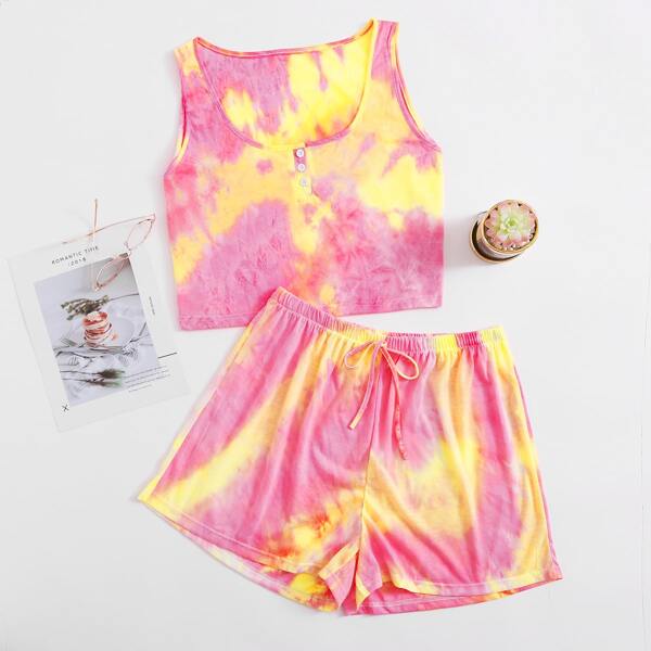 

Plus Tie Dye Print Shorts Pajama Set, Multicolor