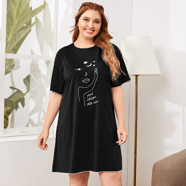 

Plus Figure And Letter Graphic Tee Dress, Black
