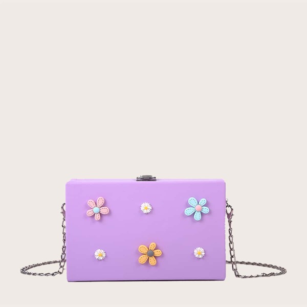 

Floral Appliques Chain Box Bag, Purple