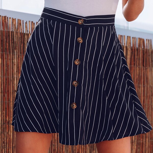 

Button Front Striped Skirt, Navy blue