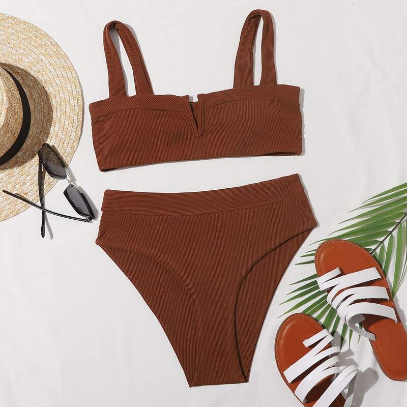 

Rib V Wired High Waisted Bikini Swimsuit, Rust brown