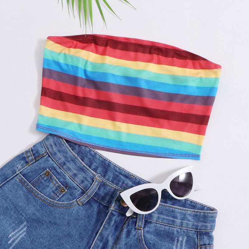 

Rainbow Stripe Ribbed Tube Top, Multicolor
